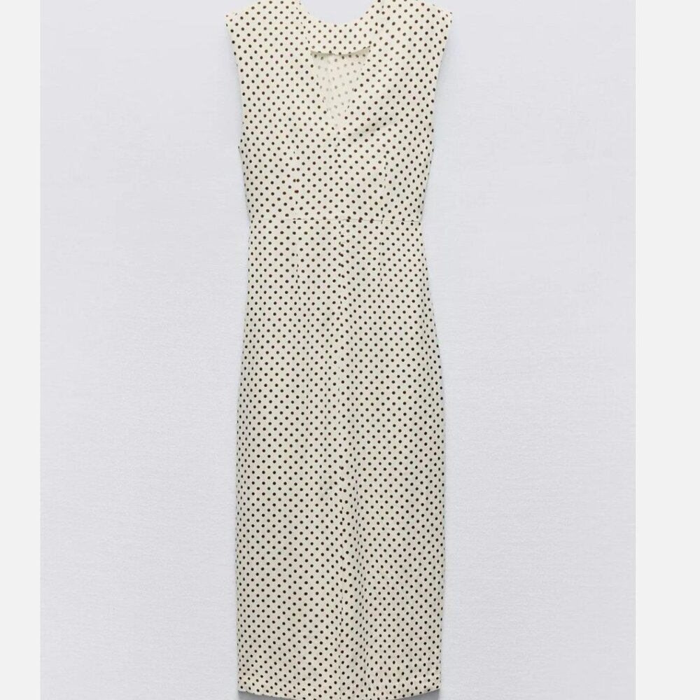 Zara Women Linen Blend Polka Dot Midi Dress Beige/Ecru Size M NEW WITH TAG! - Picture 4 of 7